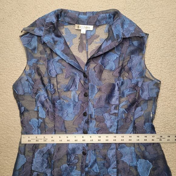 Kay Unger Dress 10 Blue Floral Sheer Button Front Overlay Midi Collared Party - Picture 9 of 9